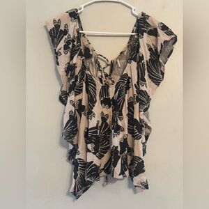Free People Boho Lace Up Ruffle Top Womens Medium Cream Black Floral Blouse